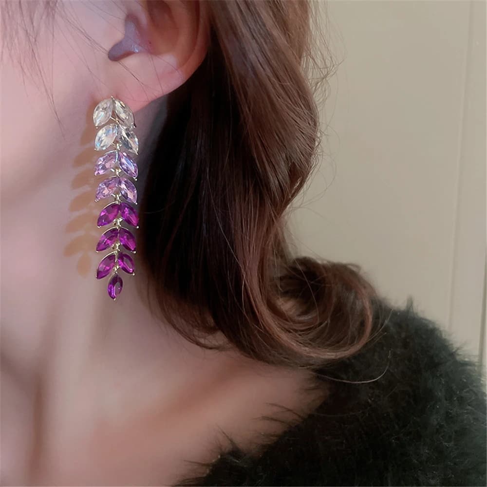 Luxury Design Gradient Purple Wheat Ear Rhinestone Pendant Tassel Earrings Fashion Women Party Jewelry Romantic Anniversary Gift