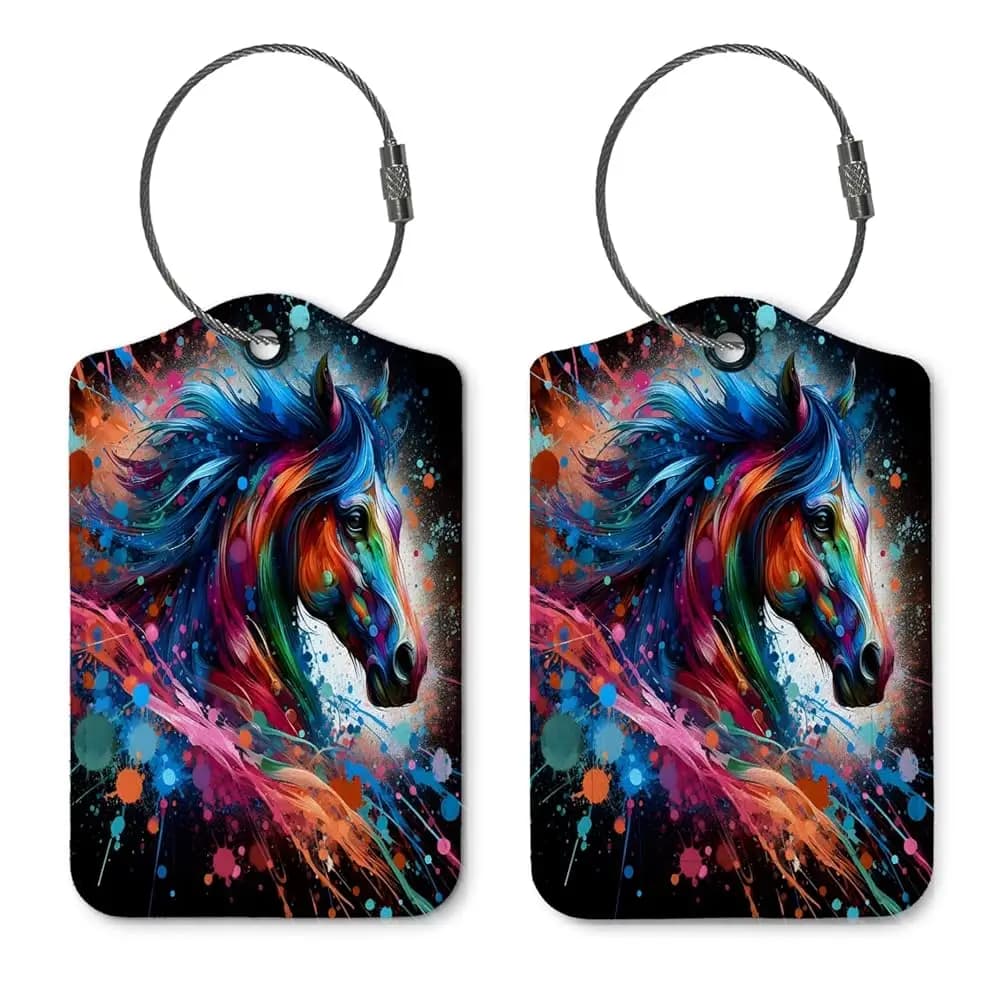 Etichette per Valigie, Set di 2 Targhette per Bagagli con Anello in Acciaio, Design Trendy con Cavallo per Borse, Zaini e Viaggi