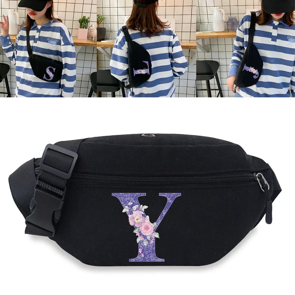New Waist Bags Office Commute Purple Flower Letter Print Adjustable Shoulder Bag Travel Outdoor Sports Large Capacity Chest Pack