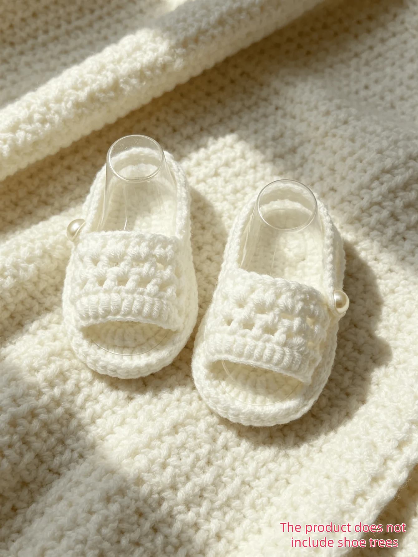 1 Pair Crochet Baby Sandals, White, Open-Toe Slides with Pearl Detail, Infant Shoes