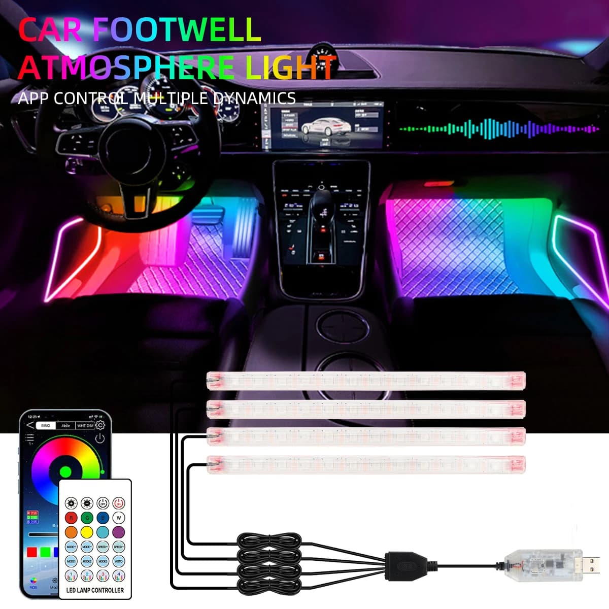 Luce Ambientale per Auto 2/4 in 1 con 12/18 LED, Illuminazione Interna Wireless con Telecomando e Controllo APP USB, Lampada Decorativa Atmosfera Arcobaleno