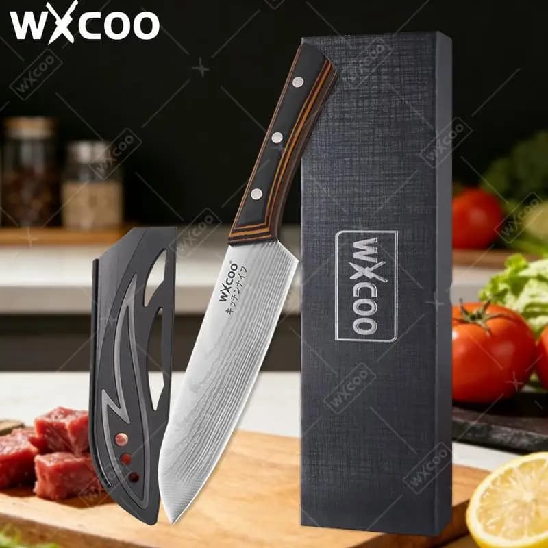 WXCOO 1 Pezzo Coltello Giapponese da 7 Pollici in Acciaio Inossidabile, Coltello Santoku Professionale da Chef per Cucina con Manico in Legno
