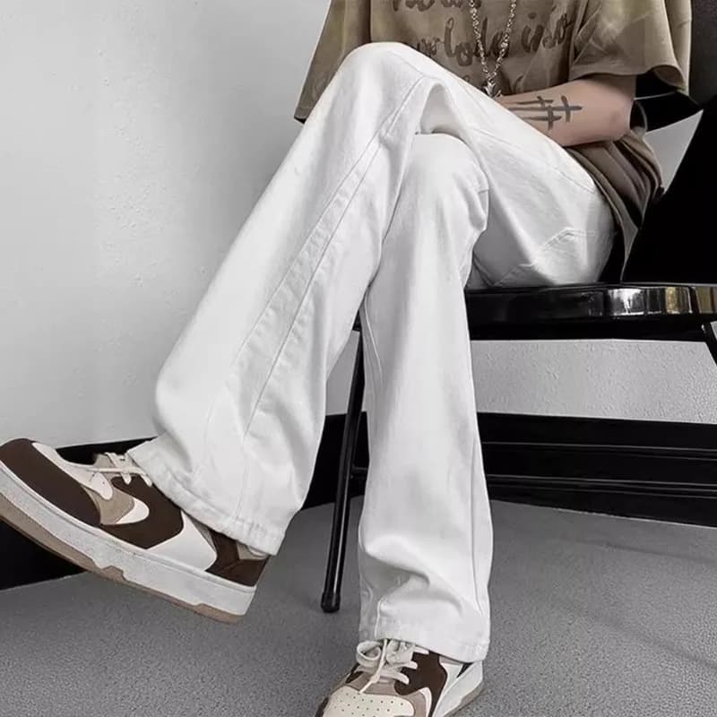 Men's White Flare Jeans Straight Leg Cleanfit Casual Streetwear Trousers