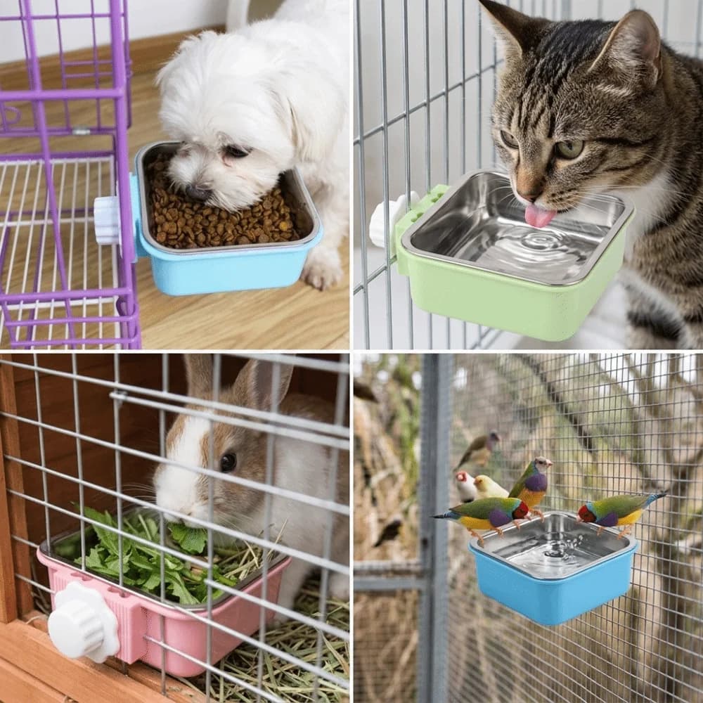 Metal Hanging Pet Bowl Food Grade Square Shape Crate Mount Pet Bowl Detachable Inner Bowl Adjustable Mount Square Cat Food Bowl