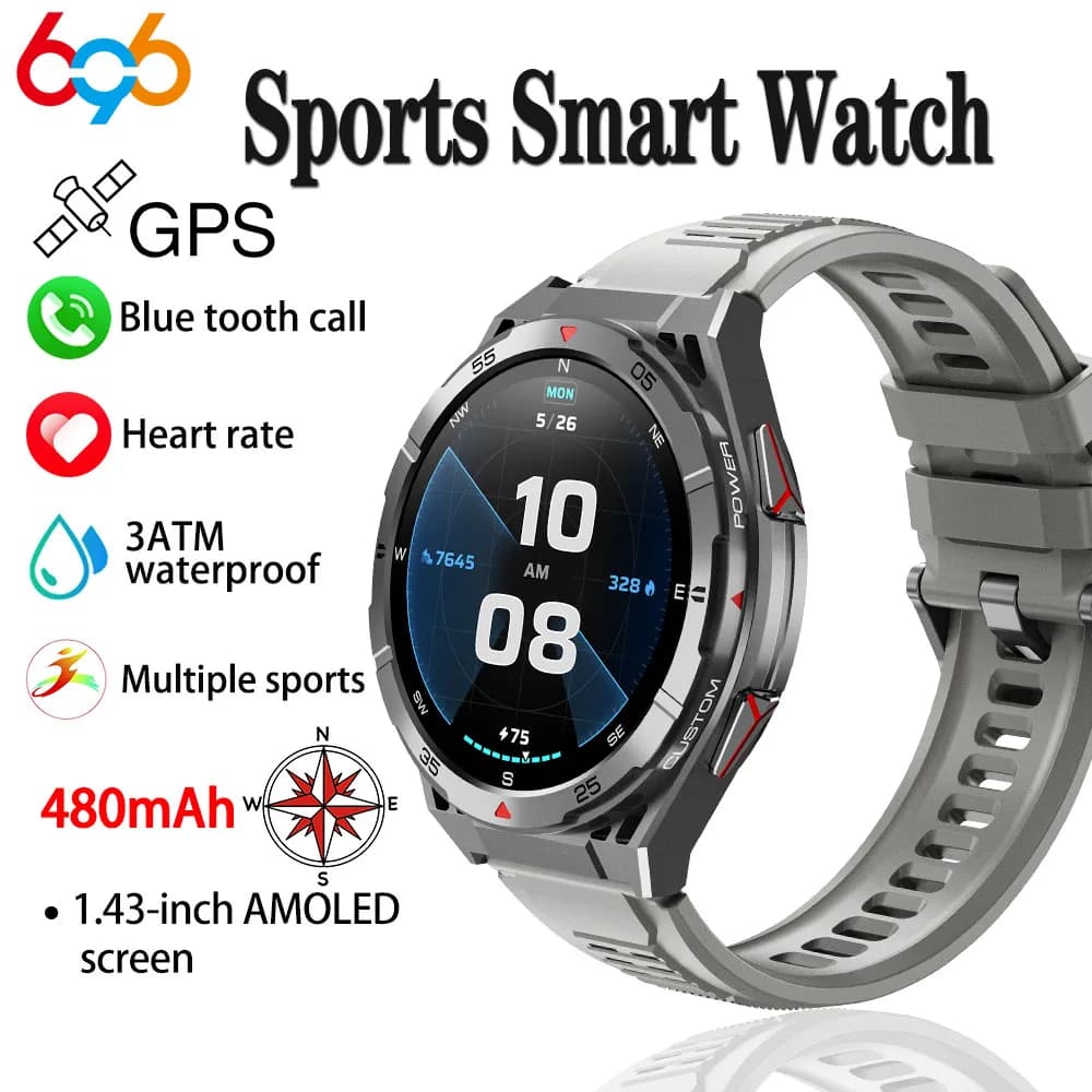 New Smart Watch GPS Sport Compass Altitude Air Pressure Blue Tooth Call 3ATM Waterproof Health Screen AMOLED Smartwatch 480Mah