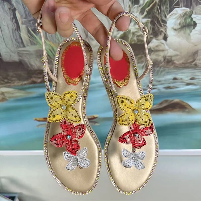 Sandali in raso con strass da donna nuovi Sandali con decorazione floreale Sandali con fondo piatto con punta pizzicata Scarpe estive per le vacanze al mare
