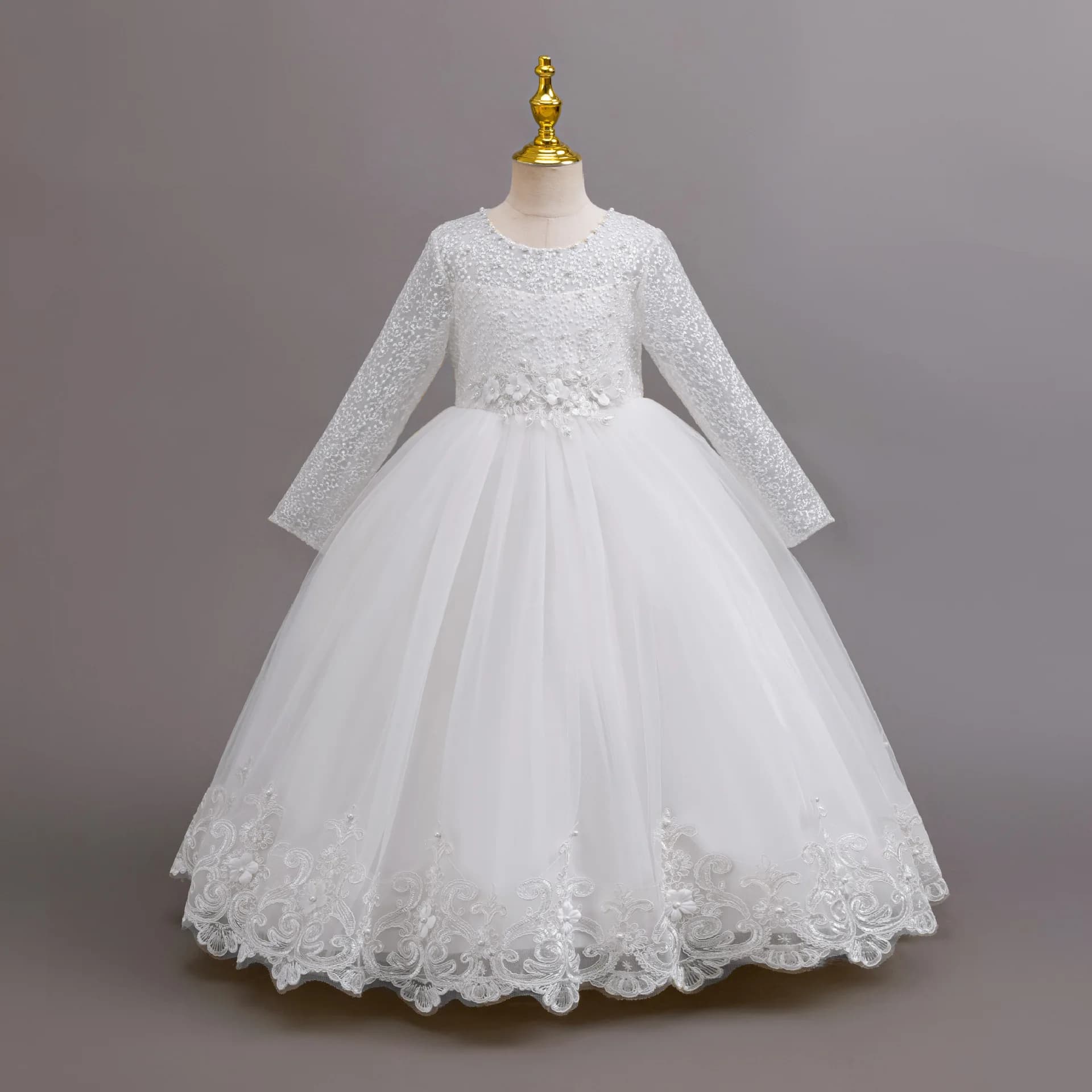 Nuovo abito elegante a maniche lunghe per ragazze Abiti da sposa per ragazze di fiori Abiti formali bianchi in pizzo da 4 a 12 anni