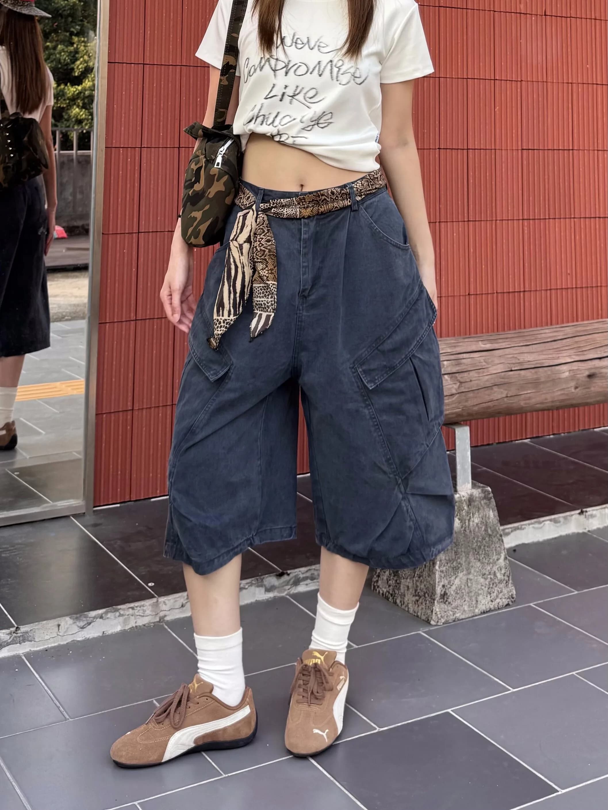 XFX American Retro Washed Loose Workwear Seven-Foot Pants Men Women High Street Multi-Pocket Cleanfit Shorts Casual Pants