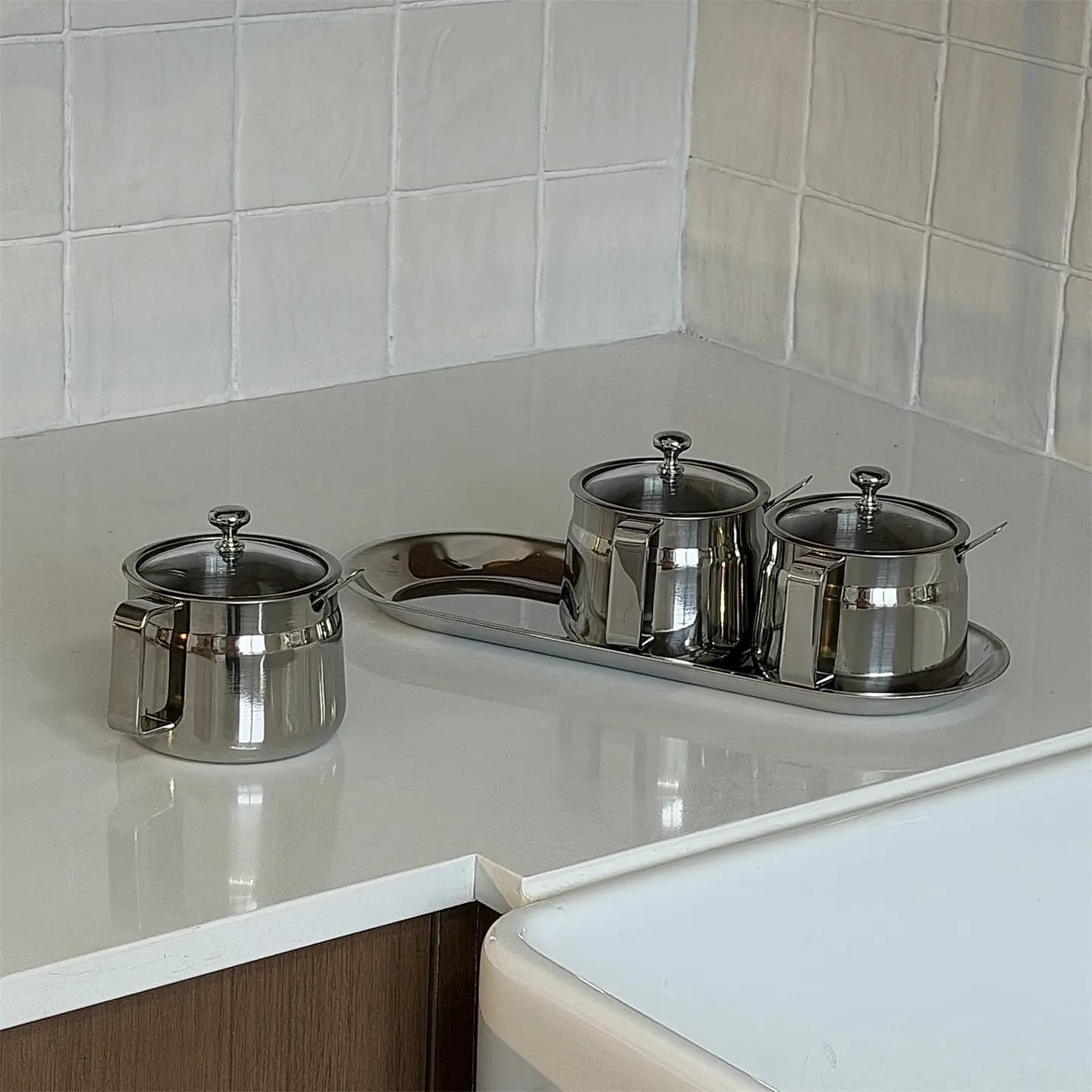 Set di barattoli per condimenti in acciaio inossidabile 304 con vassoio, contenitori per condimenti da cucina per olio, sale ed essenza di pollo, regalo