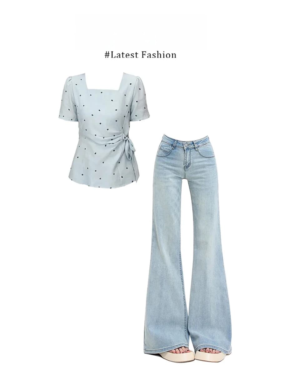 Parkyeon Nuovo Completo Estivo da Donna: Camicia a Quadretti a Maniche Corte e Jeans a Vita Alta, Stile Casual con Colletto Quadrato, Ensemble alla Moda