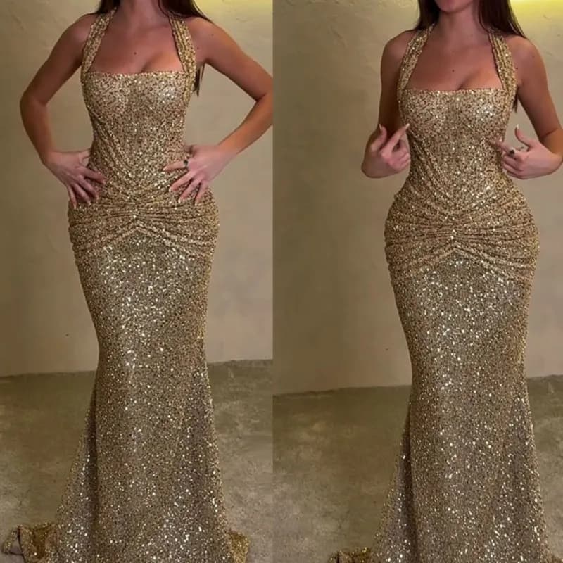 Abito da Donna 2026 Primavera Estate Nuovo Abito da Club con Paillettes Halter alla Moda Sexy per Feste e Vacanze Vestito Lungo Casual da Donna