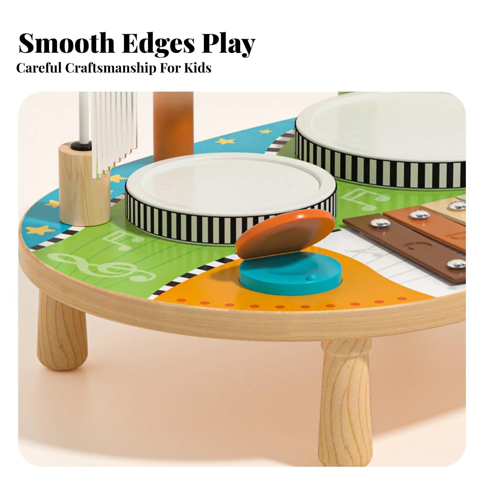 Kids Sensory Play Wooden Percussion Frame Music Table with Drum Cymbal Wood Block Chimes for Interactive Learning Toy for Boys
