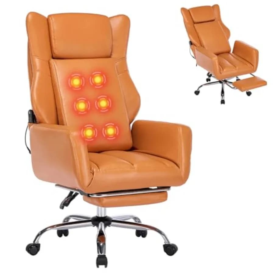 Sedia da Ufficio in Pelle Arancione con Massaggio e Poggiapiedi, Sedia da Scrivania Girevole Ergonomica per Computer e Gaming