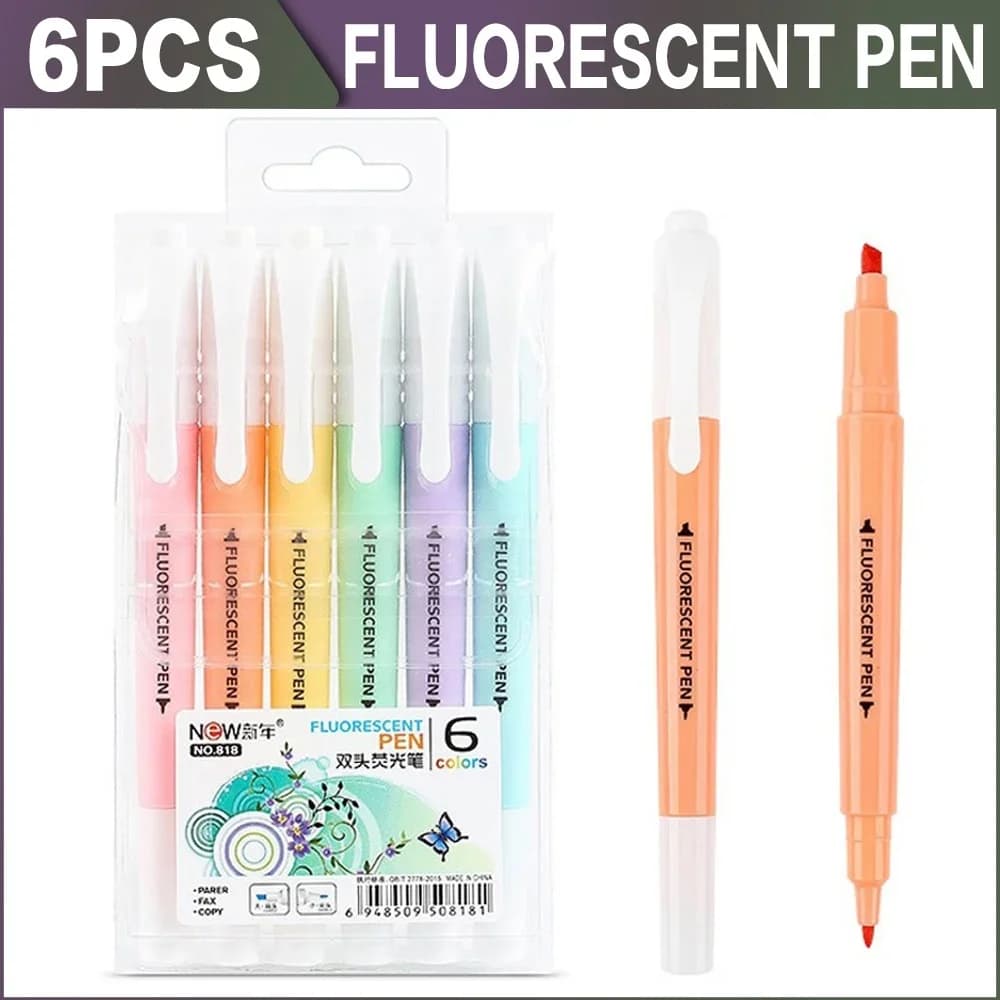 6PCS Cute Candy Color Highlighter Pen cancelleria pennarello fluorescente a doppia testa Mark Pen forniture scolastiche per ufficio