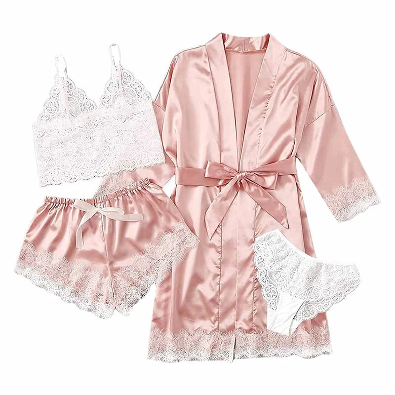 Women's summer hot pajamas pants Set 4 pieces in lace satin with silk nightdress and comfortable and fashionable nightwear