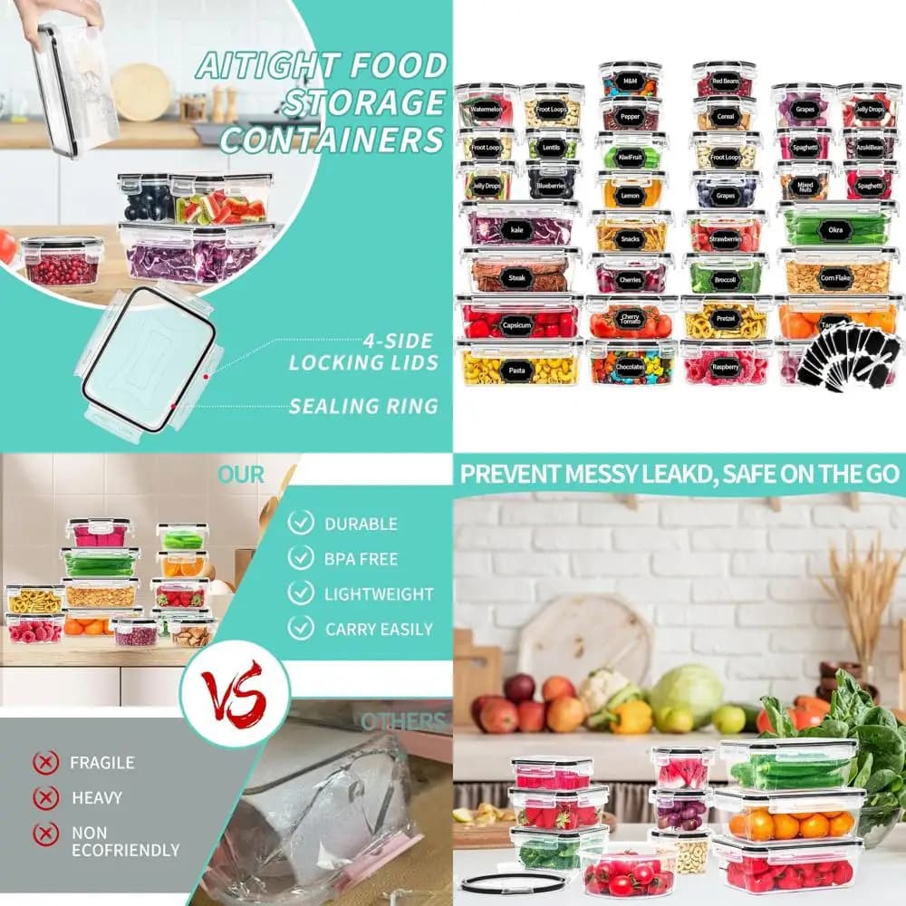 Set per la conservazione degli alimenti a prova di perdite da 72 pezzi: 36 contenitori con coperchi ermetici per la preparazione dei pasti e l'organizzazione della cucina