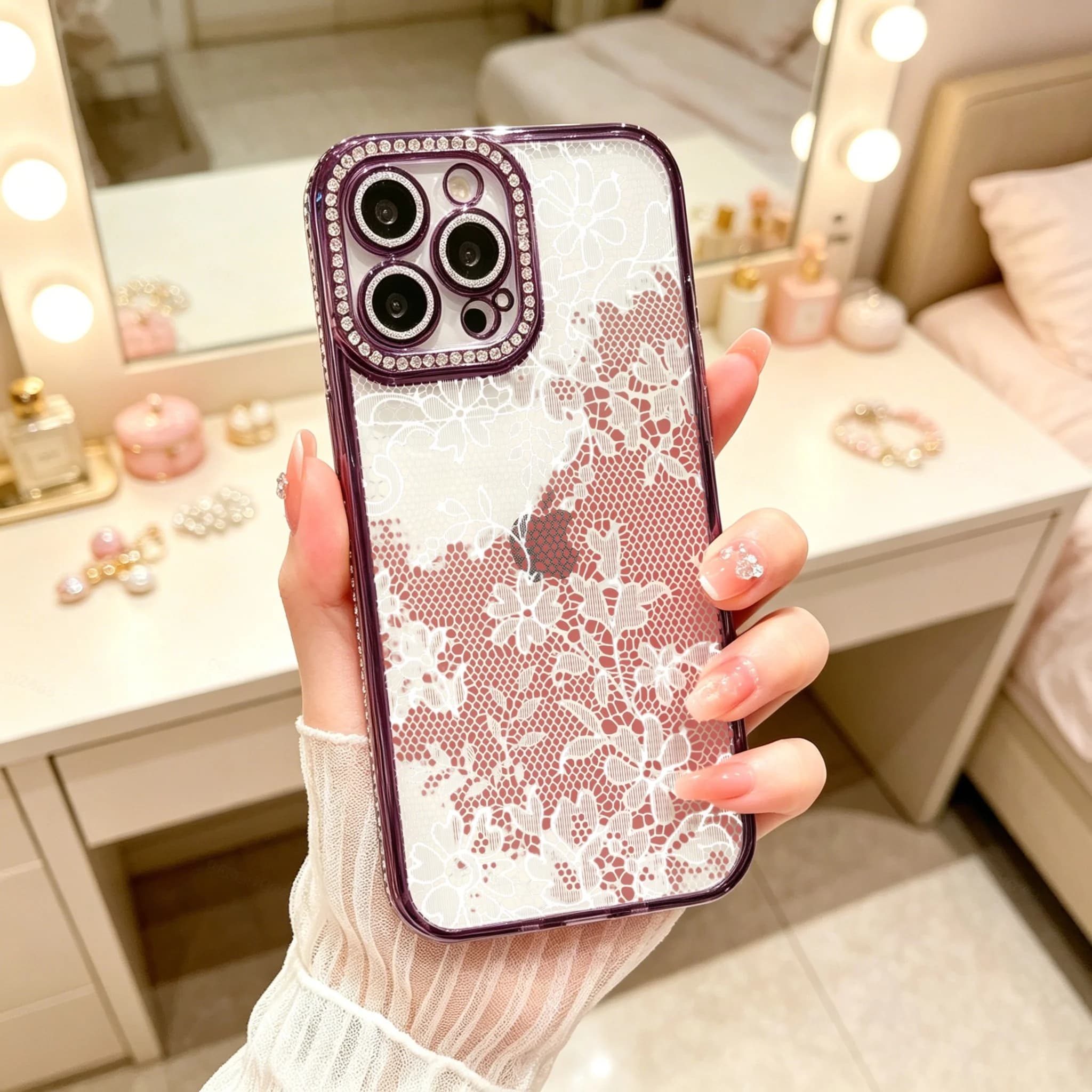 Diamond Electroplated TPU Phone Case for iPhone, Elegant Lace Phone Case, Purple Rhinestone Camera Frame With Floral Pattern Design , Luxury Glitter Rhinestone Frame, Built-in Lens Protector, Anti-Slip Shockproof Clear Cover