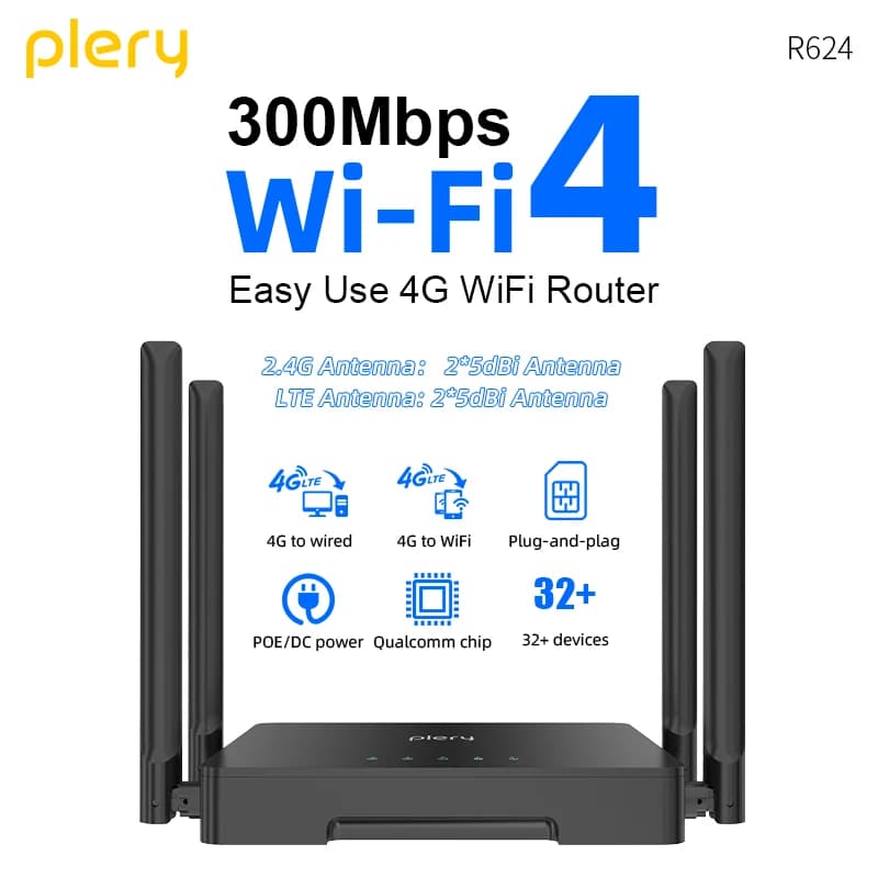 Router Plery WIFI4 4G CAT4 300Mbps LTE con Alimentazione Type-C/DC, Router Wireless con 4 Antenne 5dBi, Scheda Nano SIM 4G per Connessione Cablata/WIFI