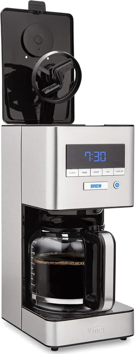 Rotating Spray Head Coffee Maker, 12-Cup Programmable Brewer with Bloom Cycle and Rotary Dispersion Technology, Black and Stainl