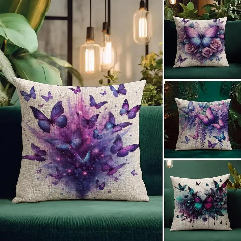 Pattern Lavender Roses and Butterflies Cushion Cover Natural Linen Pillowcase Set Cushion Cover for Sofa Bedroom Chair