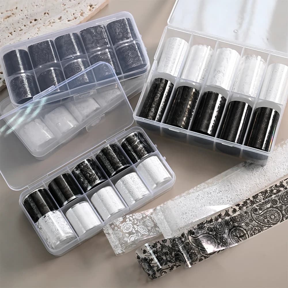 10 rotoli/scatola bianco + nero pizzo design fogli di trasferimento per unghie adesivi 3D misto sexy pizzo modello floreale decalcomanie per unghie manicure fai da te Deco