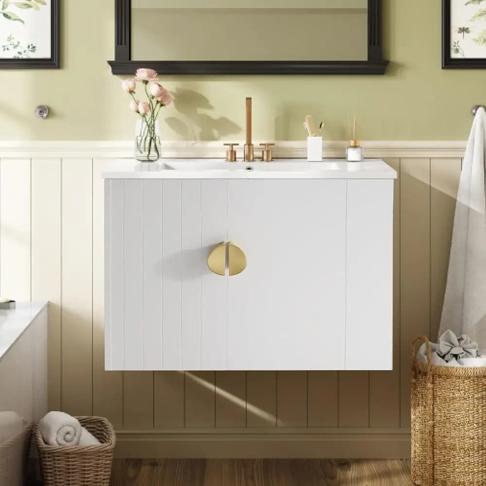 Mobile Bagno Sospeso a Parete con Lavabo in Ceramica, Ripiani Aperti, Cassetti con Chiusura Ammortizzata, Maniglie in Metallo, Bianco