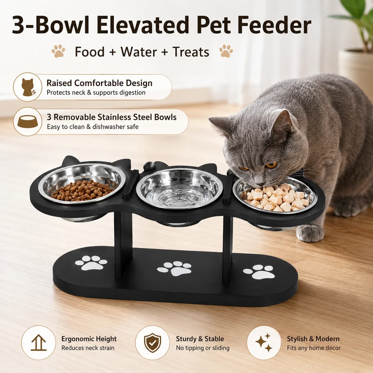 Elevated Wooden Cat Bowl Stand 3 Stainless Steel Pet Feeding Bowls, Raised Food Water Treat Feeder for Cats Small Dogs