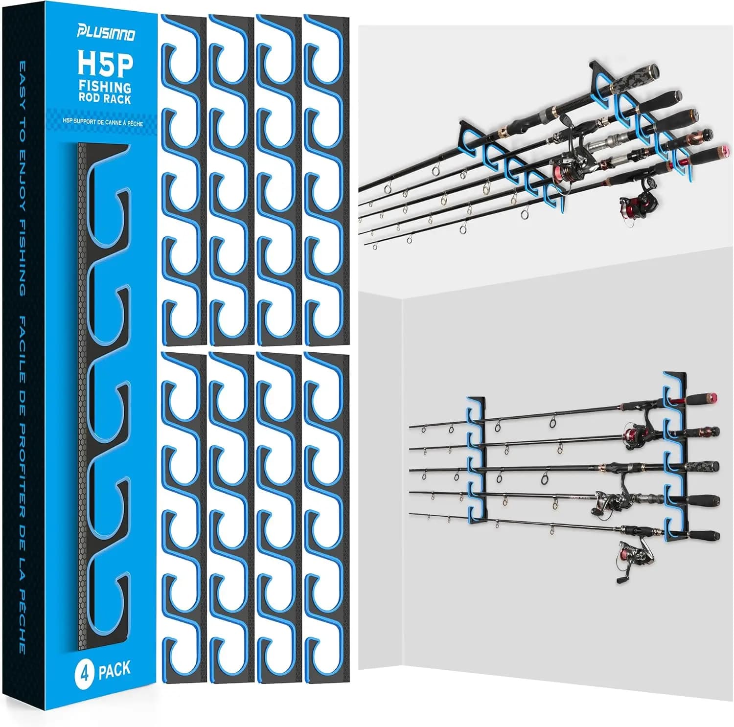 Wall or ceiling fishing rod with soft padding, organizes up to 20 barrels, combo or nets