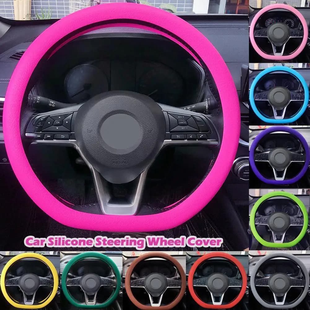 Non-slip silicone steering wheel covers with extendable elastic to improve interior design and comfortable grip.