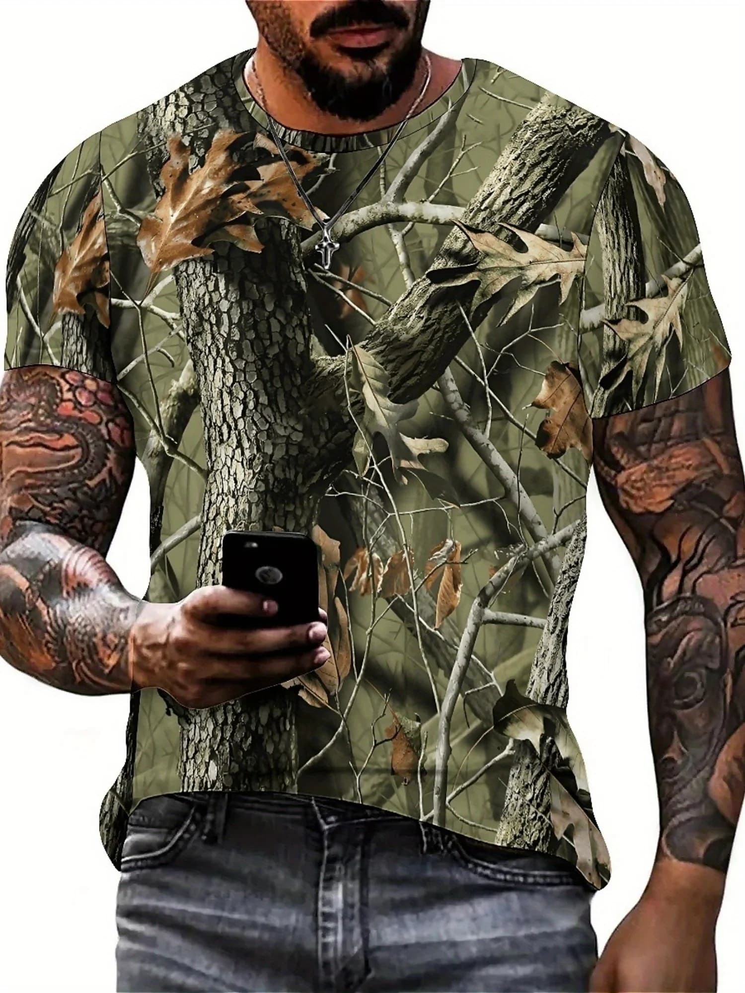 T-shirt da uomo con stampa astratta geometrica 3D mimetica - Manica corta, girocollo, tessuto elastico, perfetta per le avventure estive all'aria aperta