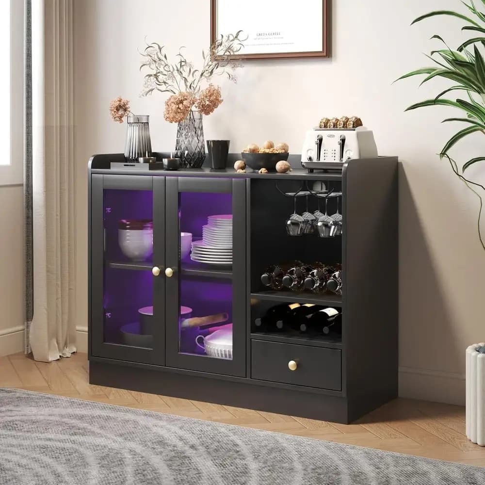 Mobile Bar con Porta in Acrilico Temperato e Portabicchieri, Credenza Autoportante per Sala da Pranzo, Luci LED, Grande (Nero)