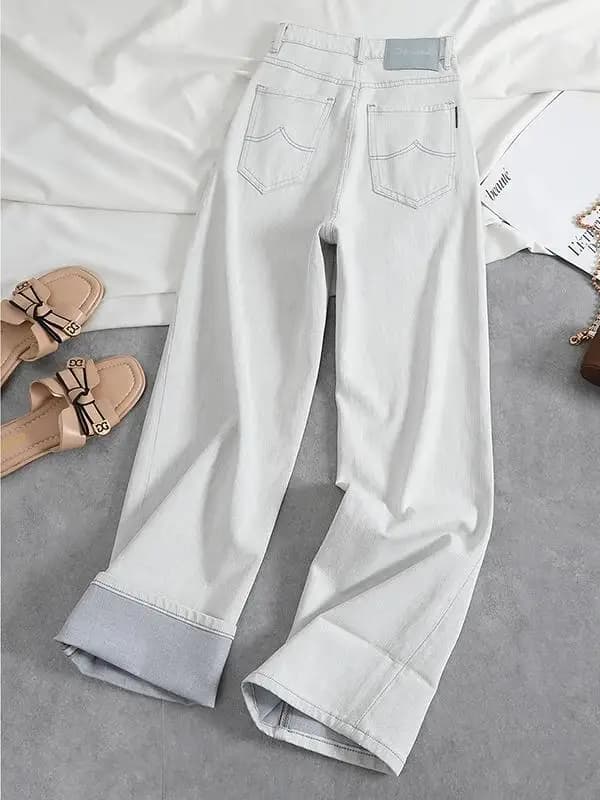 High Waist Wide Leg Embroidered Slim Fit Women's Jeans Casual Style Spring New plus Size Straight Cut Trousers