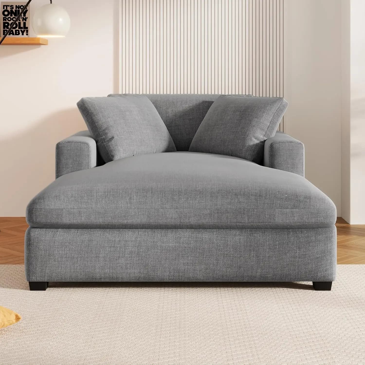 Chaise Longue Oversize Imbottita per Interni, Divano Comodo con 2 Cuscini, Braccioli e Gambe in Legno Massello, per Soggiorno, Grigio, Personalizzabile