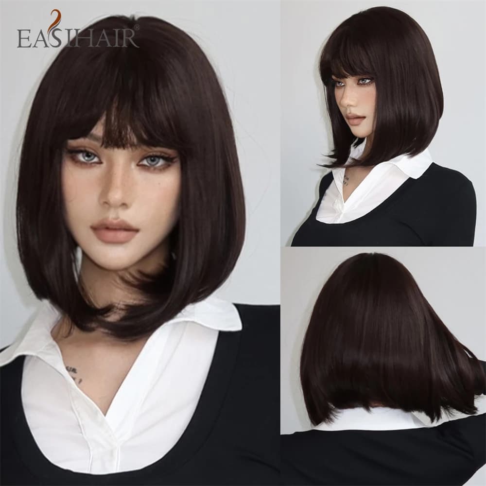 Short Straight Synthetic Wigs with Bangs Drak Brown Black Bob Wigs for Women Daily Cosplay Party Hair Wig Natural Heat Resistant