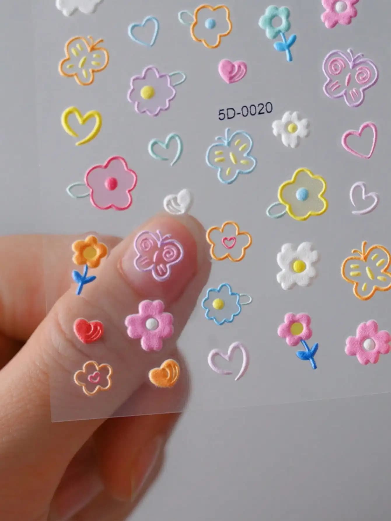 1 5D relief floral nail art sticker, self-adhesive nail decorations in glossy resin with macaron flowers, decorations for women's nail art