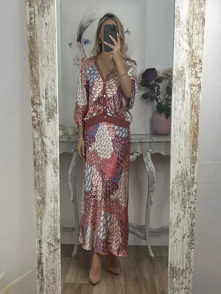 Women's skirt set printed with V-neck half sleeve single-breasted skirts waist wide summer party dress