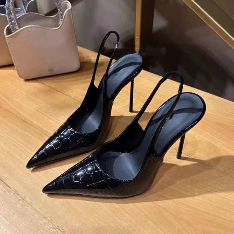 Women 7CM Sandals Black Patent Leather Pointed Toe Shallow Mouth Back Strap Single Shoes Party Dress Wedding Shoes Big Size 40
