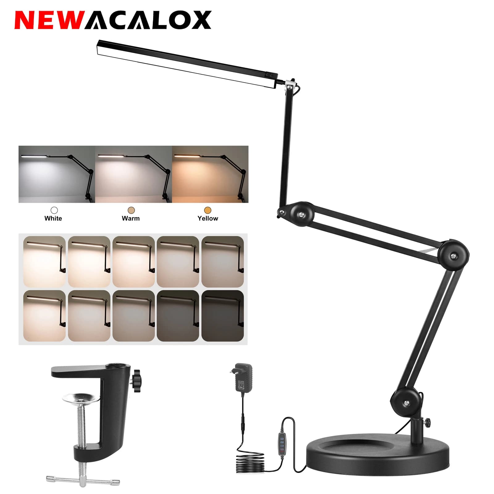 Lampada da tavolo a LED NEWACALOX 24W con morsetto e Base rotonda 102 lampada da tavolo a LED per la cura degli occhi funzione di memoria luce da scrivania per l'home Office