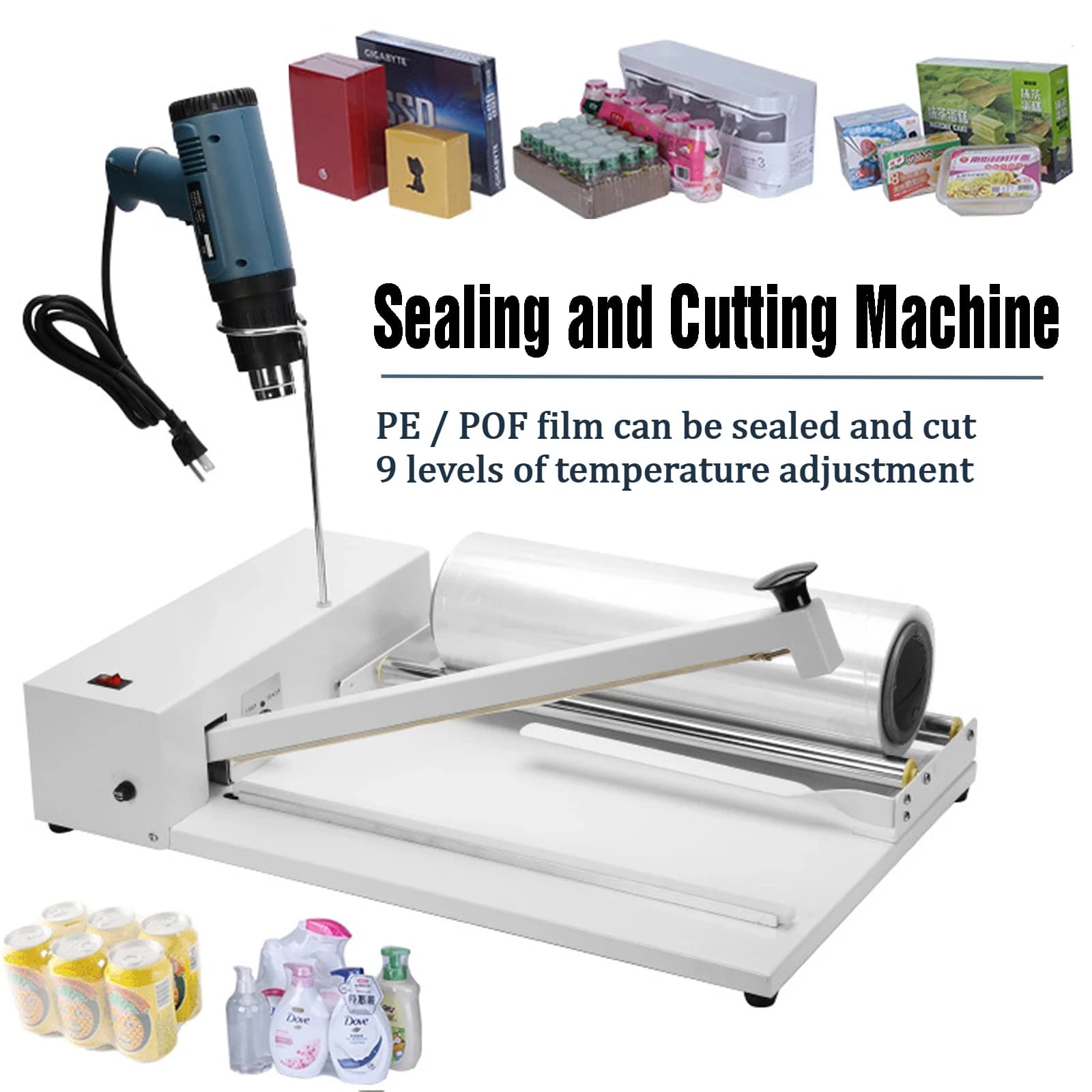 Shrink Wrap Machine Hand Pressure Sealing and Cutting Shrinking Machine with Heat Gun Shrink Wrap Sealer for PVC POF Film