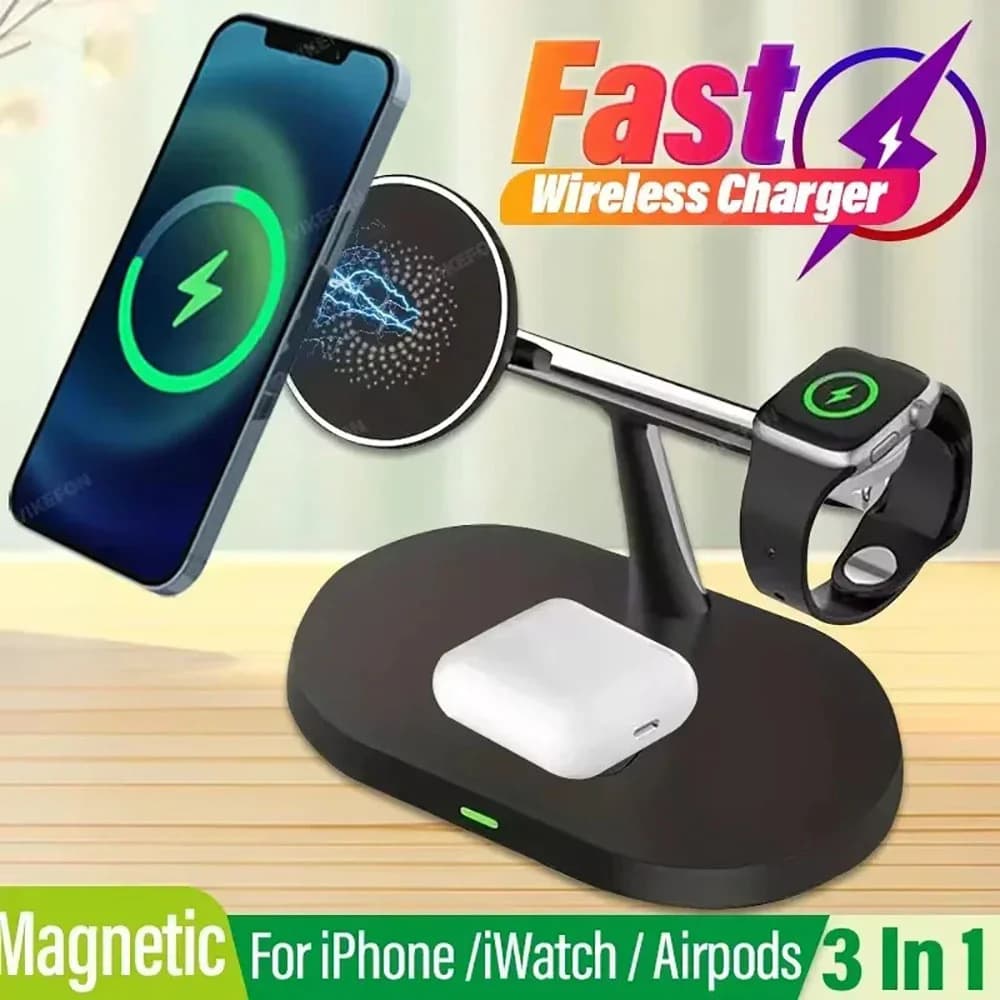 Stazione di ricarica pieghevole 3 in 1 con caricatore wireless magnetico per Magsafe iPhone 16 15 14 13 12 Apple Watch Airpods