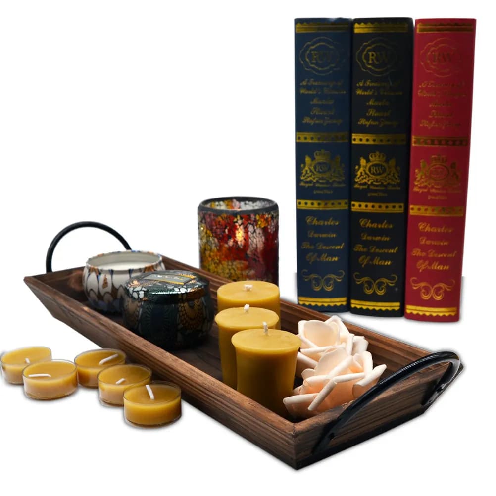 Vassoio in Legno Rettangolare Rustico per Candele a Pilastro e Tealight, Decorativo per Casa, Feste e Centrotavola