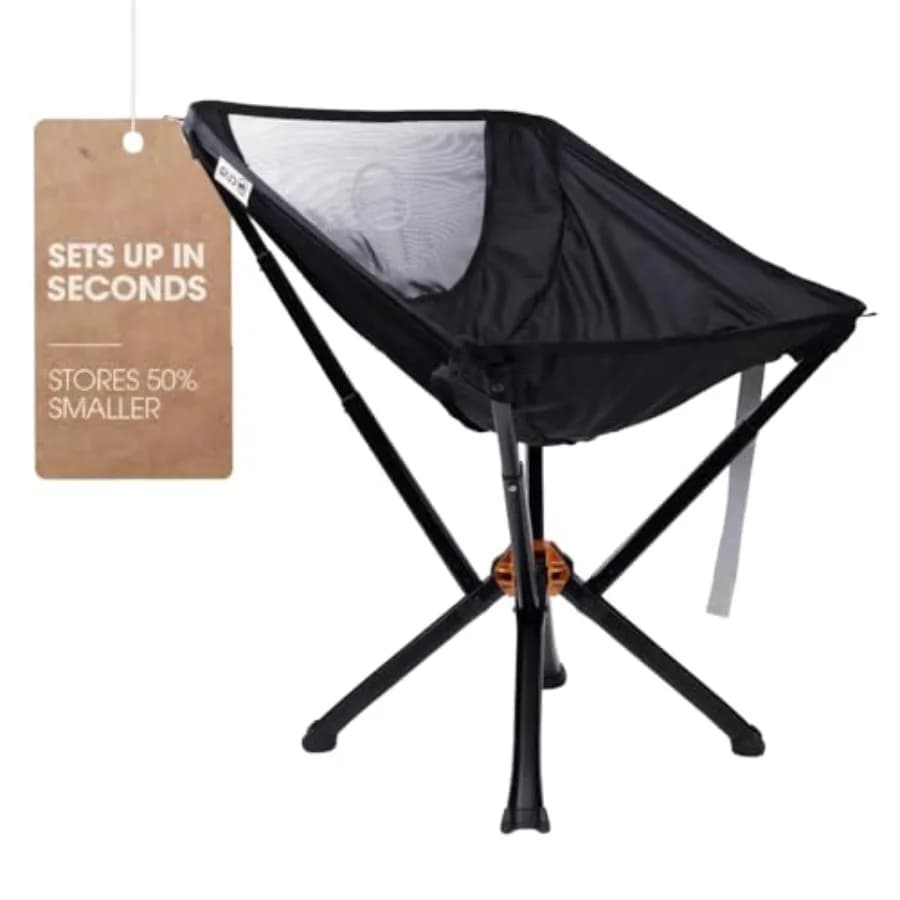 Sedia da campeggio portatile per avventure all'aperto, design pieghevole leggero in nero, si richiude a una dimensione equivalente a una bottiglia d'acqua, supporta fino a 350 libbre.