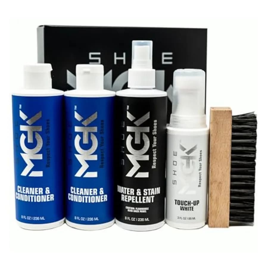 Kit per la pulizia delle scarpe MGK MVP, detergente e balsamo per scarpe, repellente per acqua e macchie, ritocco bianco e spazzola