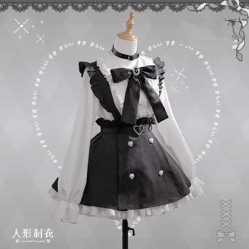 Camicia a maniche lunghe Lolita con colletto per bambola sottoltura giapponese con fiocco + bottone d'amore Abito con cinturino a balza Primavera Nuovi abiti Cosplay Y2k