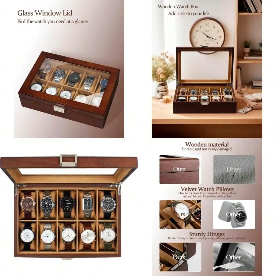 Nuova scatola portaorologi con 10 scomparti, custodia per orologi con coperchio in vero vetro, espositore in legno con cuscini in tessuto, scatola portaorologi per uomo e donna, marrone