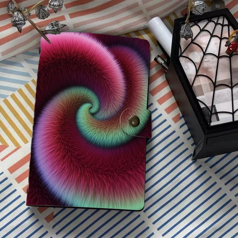 Vibrant Furry Gradient Swirl Pattern PU Leather A6 Notebook 6 Ring Binder Journal Soft Texture Art Agenda Diary with Snap Closur