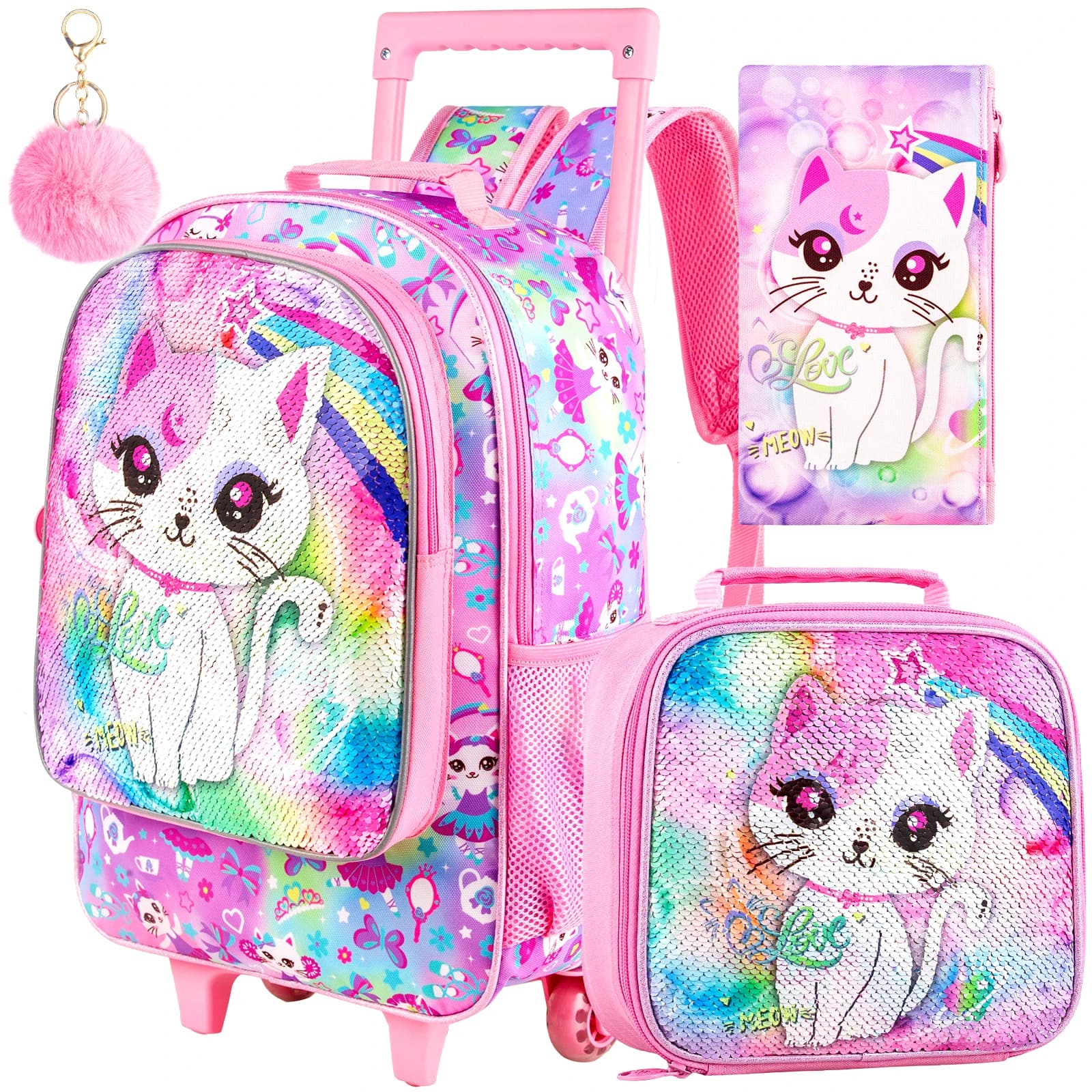 Zaino con ruote per bambini da 4 pezzi per ragazze, zaino con ruote con paillettes simpatico gatto, borsa da scuola con ruote rosa per elementare