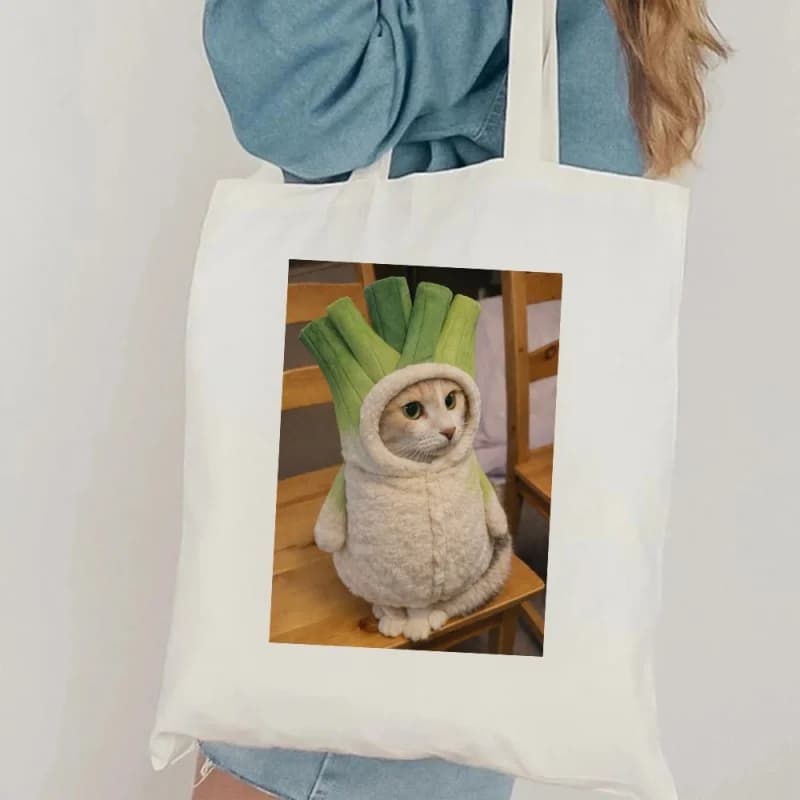 Funny Leek Cat Canvas Bag Tote Bag Shoulder Bag Handbag Cute Animal Costume Print Reusable Shopping Bag For Women Gift