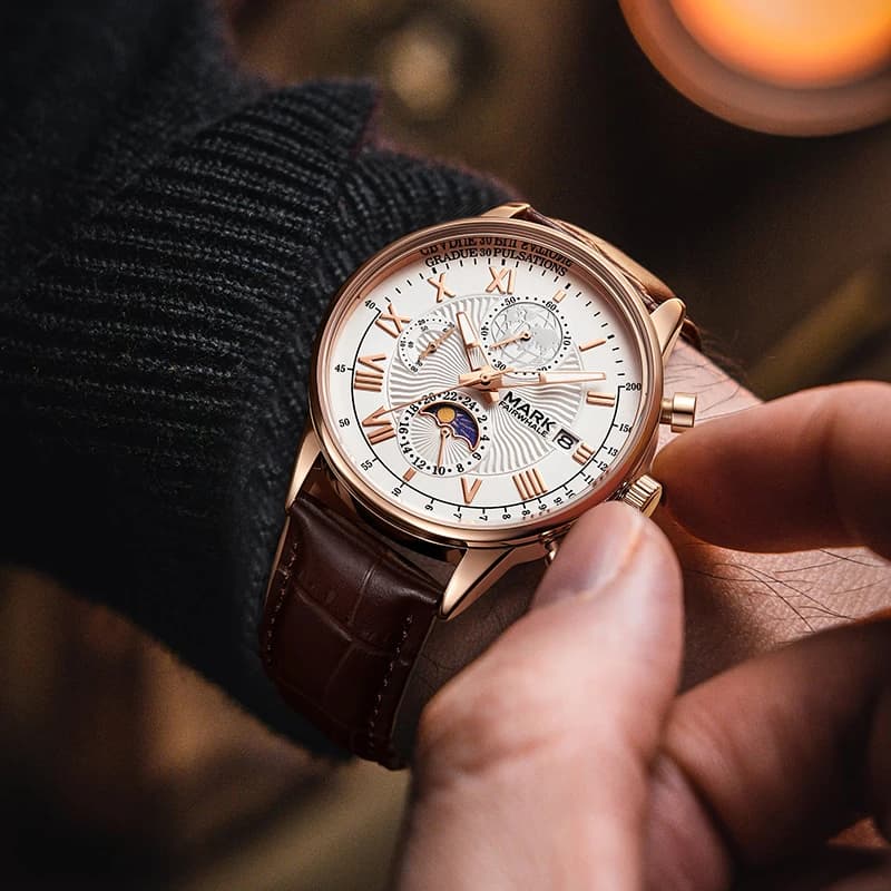 Orologio da Uomo MARK FAIRWHALE con Movimento al Quarzo, Cinturino in Pelle, Quadrante con Fasi Lunari, Impermeabile 30M, Orologio da Polso di Lusso alla Moda