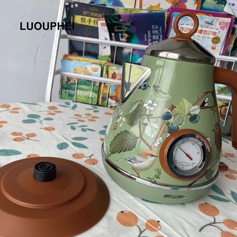 Bollitore elettrico con decalcomanie fatte a mano retrò da 1,7 litri con termometro Bollitore per acqua bollente Spegnimento automatico Teiera in acciaio inossidabile 304 1850W
